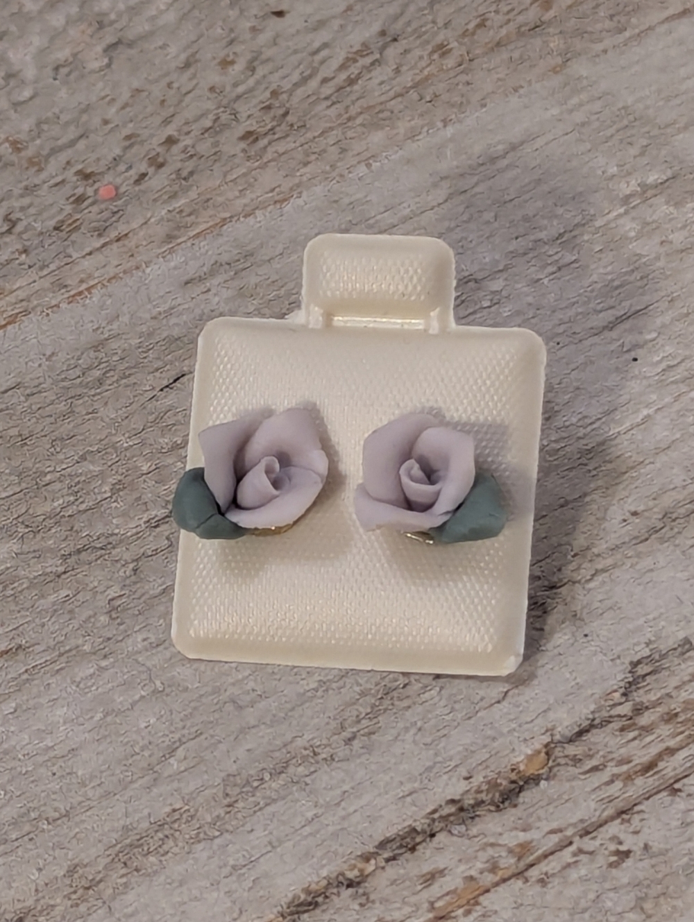 Handcrafted Porcelain Lavender Rose Stud Earrings with Green Leaves Vintage